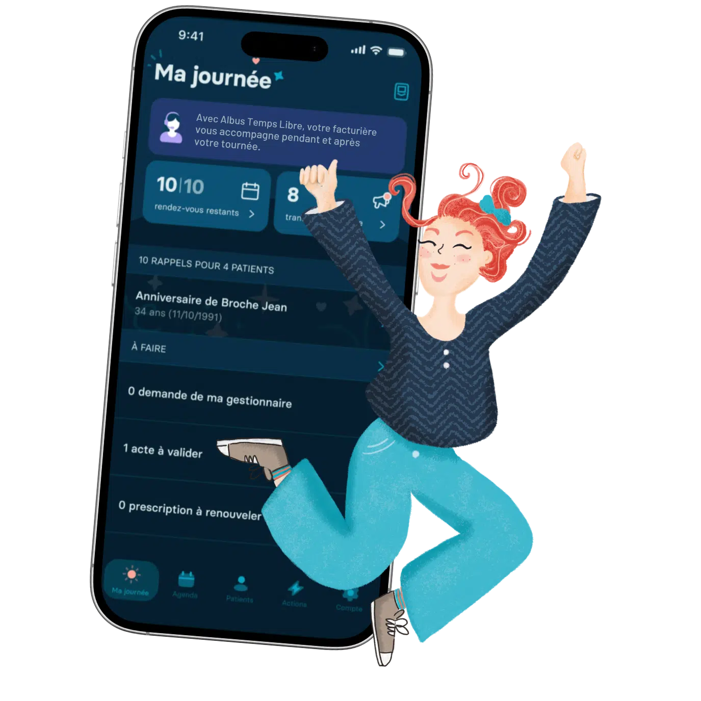  Illustration d'une infirmière rousse joyeuse sautant les bras levés à côté d'un smartphone affichant l'écran "Ma journée" de l'application Albus, avec rendez-vous, rappels patients et tâches à faire. 